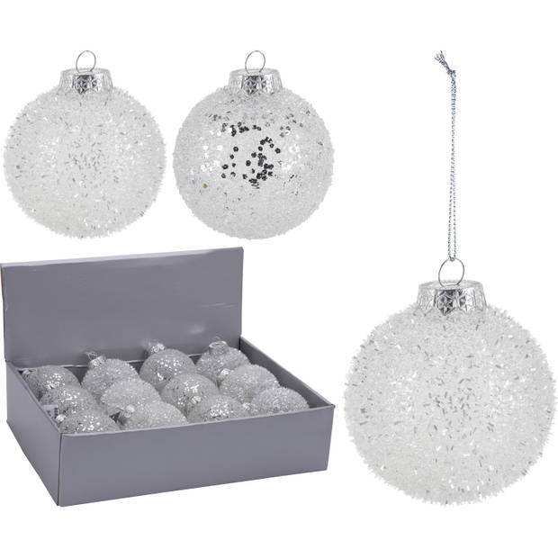 1x Zilveren glitter kerstballen kunststof 8 cm type 1 - Kerstbal