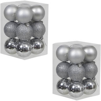 24x Zilveren kunststof kerstballen 6 cm glans/mat/glitter - Kerstbal