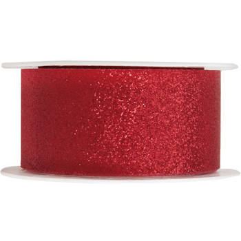 1x Rood satijnlint met glitters op rol 3 cm x 5 meter cadeaulint verpakkingsmateriaal - Cadeaulinten