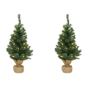 2x Kerst kerstbomen groen in jute zak met verlichting 60 cm - Kunstkerstboom