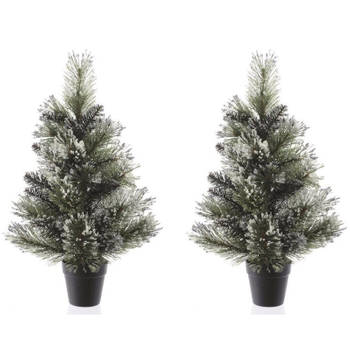 2x Kerst kunstbomen met kunstsneeuw in pot 60 cm - Kunstkerstboom