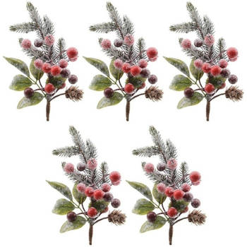5x Kerststukje instekertjes met bessen en sneeuw groen/rood 20 cm - Kerststukjes