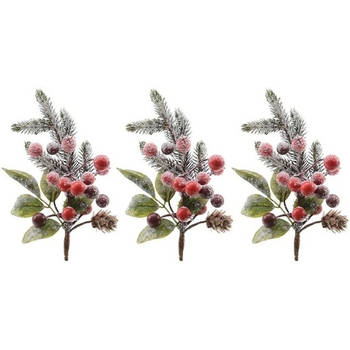 3x Kerststukje instekertjes met bessen en sneeuw groen/rood 20 cm - Kerststukjes