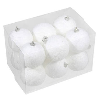 12x Kleine kunststof kerstballen met sneeuw effect wit 8 cm - Kerstbal