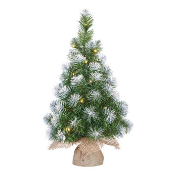Kunst kerstboom/kunstboom in jute zak met verlichting en sneeuw 60 cm - Kunstkerstboom