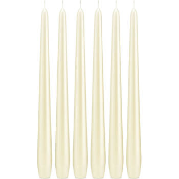 6x Lange rechte kaarsen ivoorwit parelmoer 30 cm 13 branduren dinerkaarsen/tafelkaarsen - Dinerkaarsen