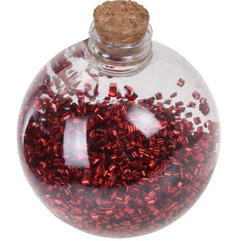 1x Kerstballen transparant/rood 8 cm met rode glitters kunststof kerstboom versiering/decoratie - Kerstbal