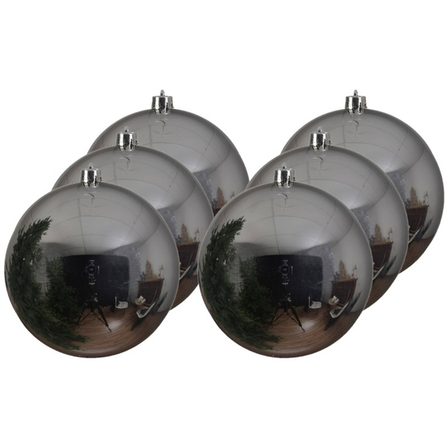6x Grote zilveren kunststof kerstballen van 14 cm glans zilveren kerstboom versiering