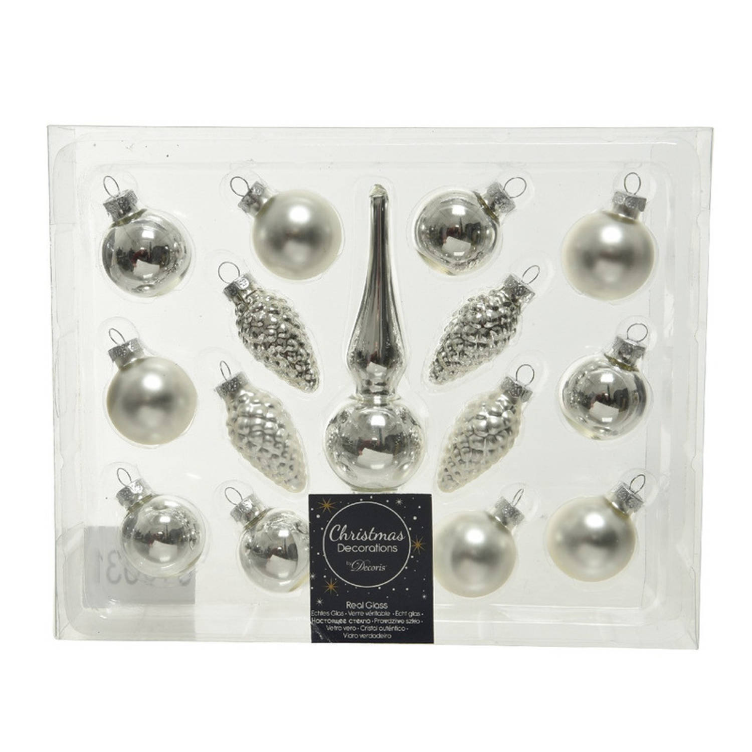 Zilveren Glazen Kerstballen En Piek Set Voor Mini Kerstboom 15-dlg Kerstversiering-kerstboomversieri