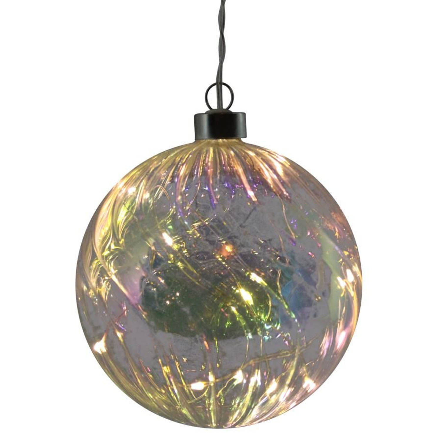 1x stuks verlichte glazen kerstballen met 10 lampjes transparant parelmoer 12 cm - kerstverlichting figuur