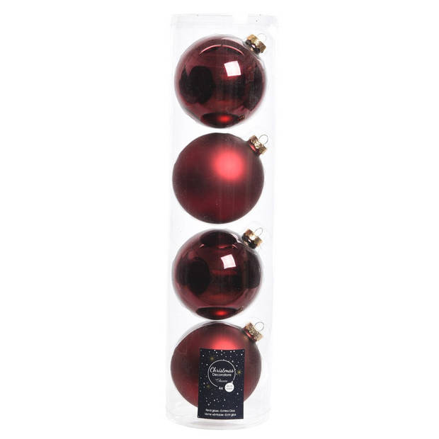 Tube met 4x donkerrode kerstballen van glas 10 cm glans en mat - Kerstbal