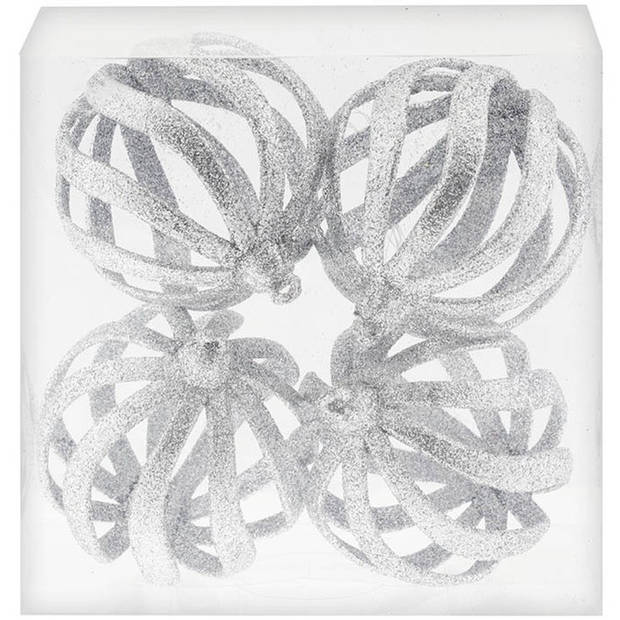 4x Draad kerstballen zilver met glitter 8 cm van kunststof/plastic - Kerstbal