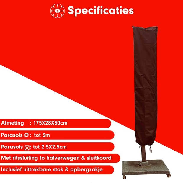 Redlabel parasolhoes staande parasol- 175x28x50 cm - met Rits, Stok en Trekkoord incl. Stopper- Zwarte Parasolhoes - ø 3