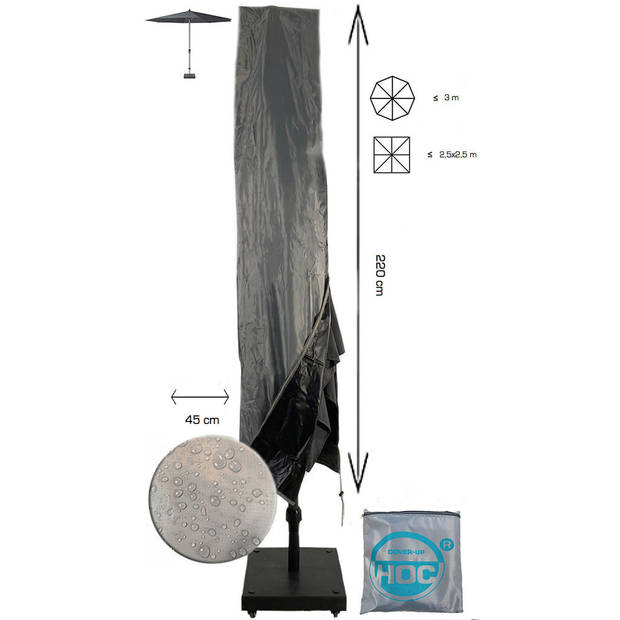 Diamond topkwaliteit parasolhoes staande parasol- 220x25x45 cm - met Rits, Stok en Trekkoord incl. Stopper- Zilvergrijze