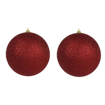 2x Rode grote kerstballen met glitter kunststof 18 cm - Kerstbal