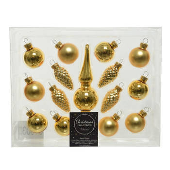 Decoris Kerstballen - 15 delig - goud - inclusief piek - 3 cm - Kerstbal