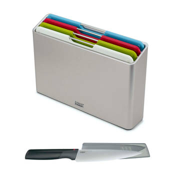 Joseph Joseph - Giftset Folio 4 Snijplanken in Houder met Gratis Chefsmes - Polypropyleen - Zilver