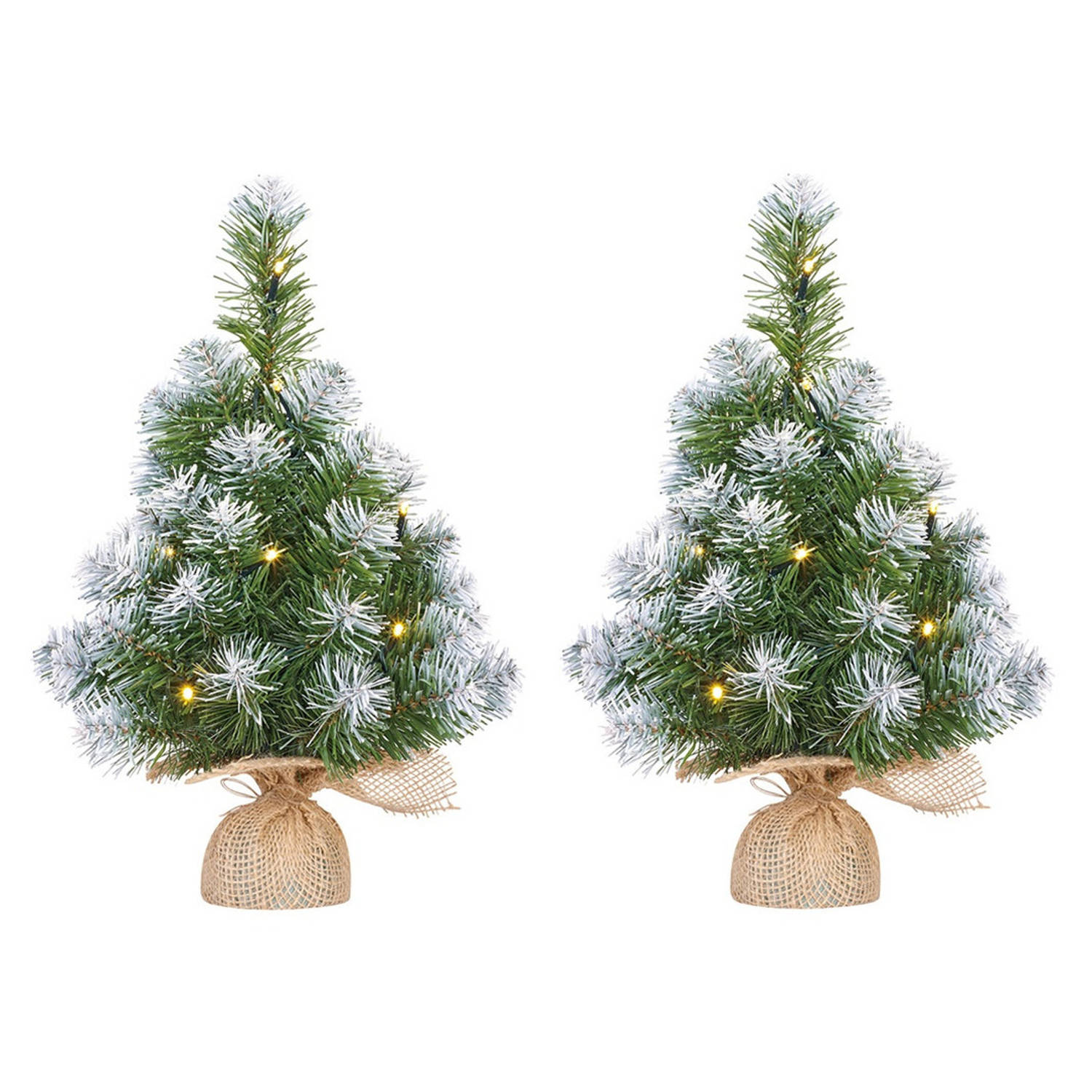 2x Stuks Mini Kunst Kerstbomen In Jute Zak Met Verlichting En Sneeuw 45 Cm Kleine Boompjes