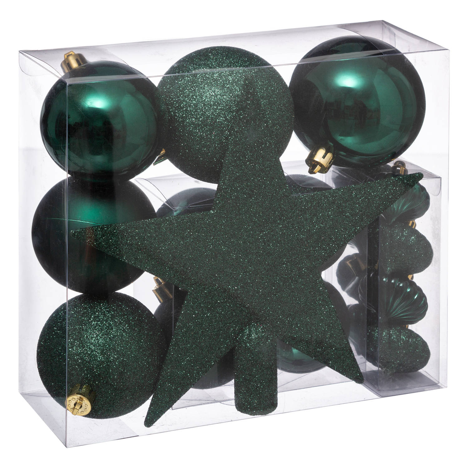 Set van 17x stuks kunststof kerstballen met ster piek emerald groen - Kerstbal