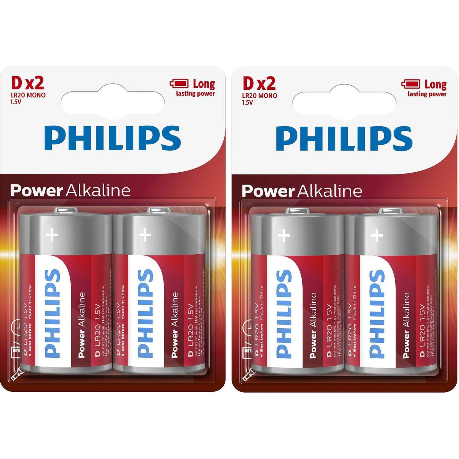 4x Phillips batterijen R20 D long lasting - Batterijen