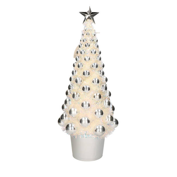 2x stuks kunst Kerstboompjes met balletjes en verichting op batterijen - zilver grijs 60 cm - Kunstkerstboom