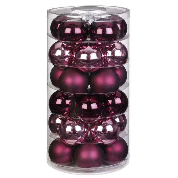 Tube met 30x roze en rode kerstballen van glas 6 cm glans en mat - Kerstbal