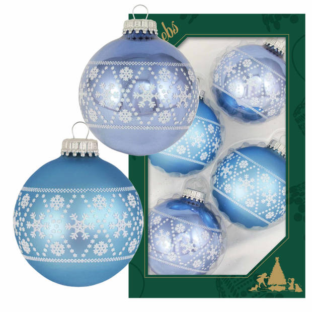 12x Glazen ijsblauwe/lichtblauwe kerstballen met witte decoratie 7 cm - Kerstbal