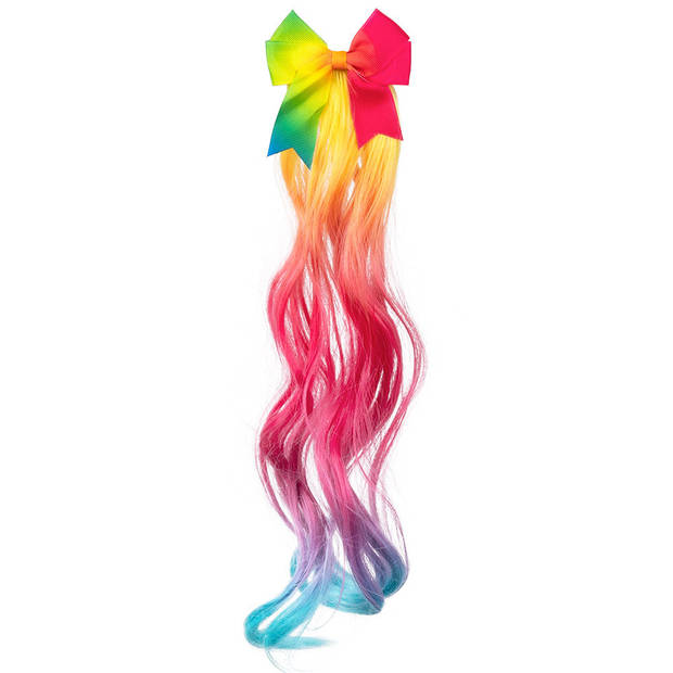 Regenboog verkleed hair extension met strik op clip 33 cm - Verkleedhaardecoratie