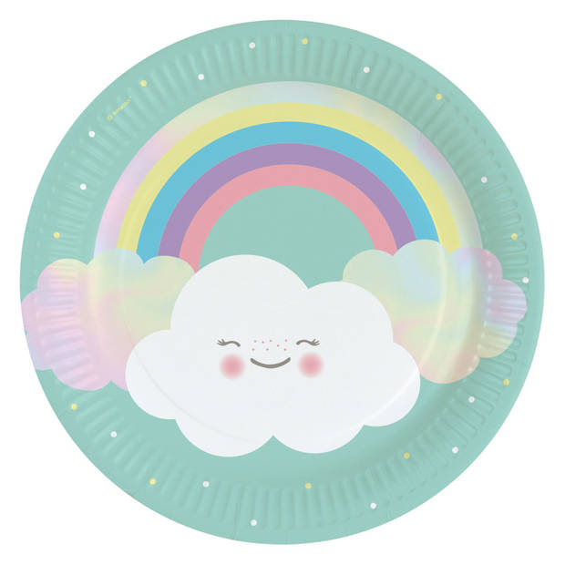 8x Feestelijke wegwerpbordjes met wolkje en regenboog print karton 23cm - Feestbordjes