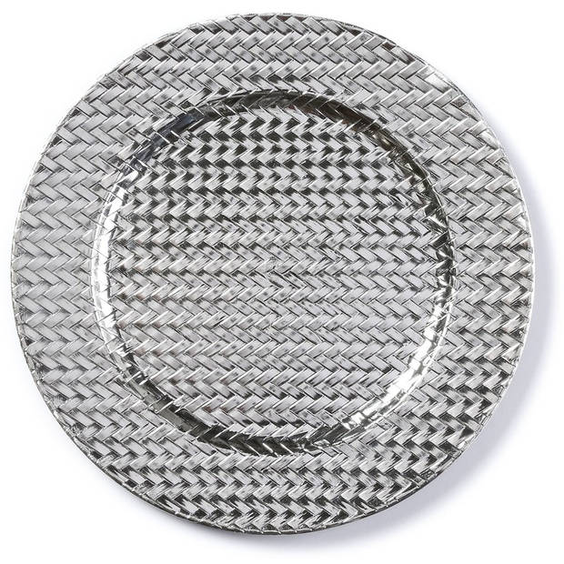 6x Ronde zilveren gevlochten onderzet borden voor het kerstdiner 33 cm - Onderborden