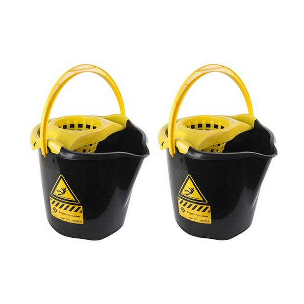 2x Huishoudemmers met dweil houder 13,5 liter zwart/geel caution 32 x 30 cm - Emmers