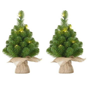 2x Mini kunst kerstboom met 15 LED lampjes 60 cm - Kunstkerstboom
