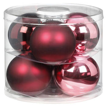 18x Berry Kiss mix roze/rode glazen kerstballen 10 cm glans en mat - Kerstbal