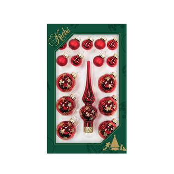 Luxe rode glazen mini kerstballen en piek set voor mini kerstboom 16-dlg - Kerstbal