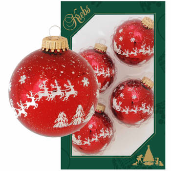 4x Glazen glanzende kerstballen rood met arrenslee opdruk 7 cm - Kerstbal