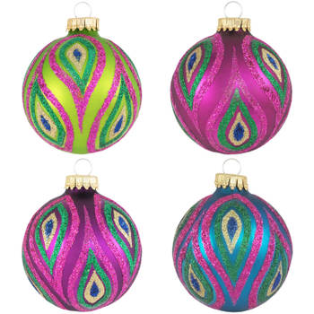 12x Glazen glitter kerstballen in vrolijke kleuren 7 cm - Kerstbal