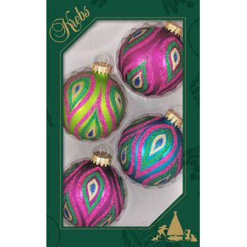 4x Glazen glitter kerstballen in vrolijke kleuren 7 cm - Kerstbal