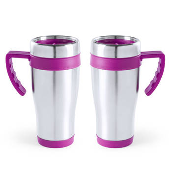 2x stuks rVS thermosbeker/warm houd beker roze 500 ml - Thermosbeker