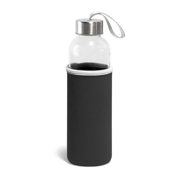 Glazen waterfles/drinkfles met zwarte softshell bescherm hoes 520 ml - Drinkflessen