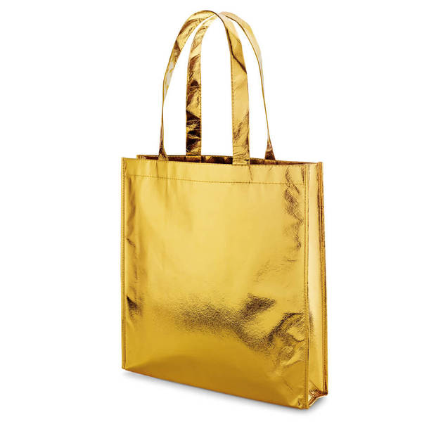 1x Gelamineerde boodschappen tassen goud 34 x 35 cm - Boodschappentassen