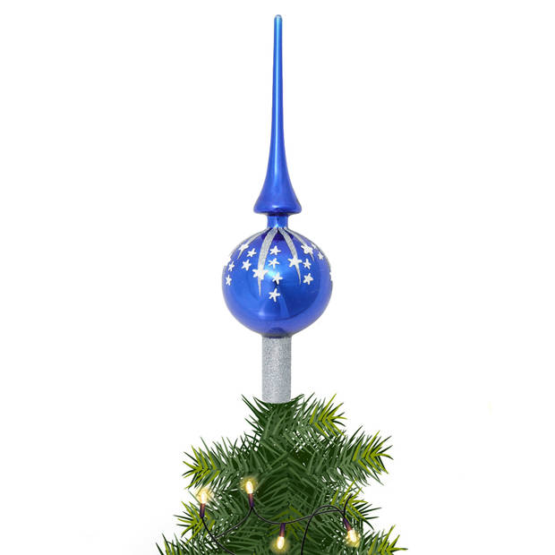 Luxe kerstpieken blauw met zilveren glitter opdruk 28 cm - kerstboompieken