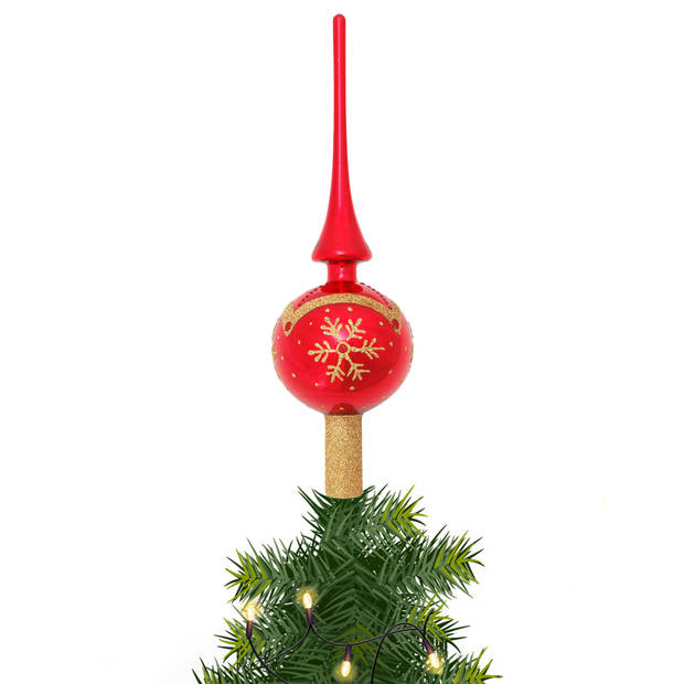 Krebs kerstboom piek - rood/goud - 28 cm - glas - gedecoreerd - kerstboompieken