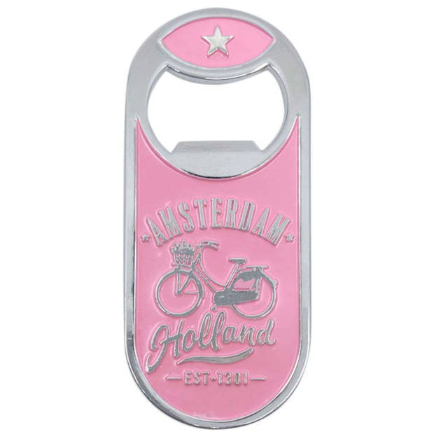 Matix flesopener Amsterdam fiets magnetisch staal roze/zilver