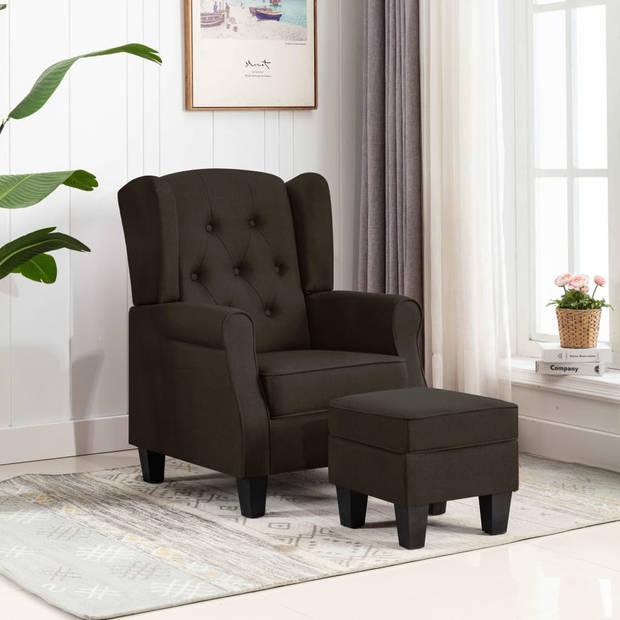 The Living Store Lounge fauteuil - Armstoel + Voetenbank - Donkerbruin stof - 68x78x94cm - Stabiel houten frame