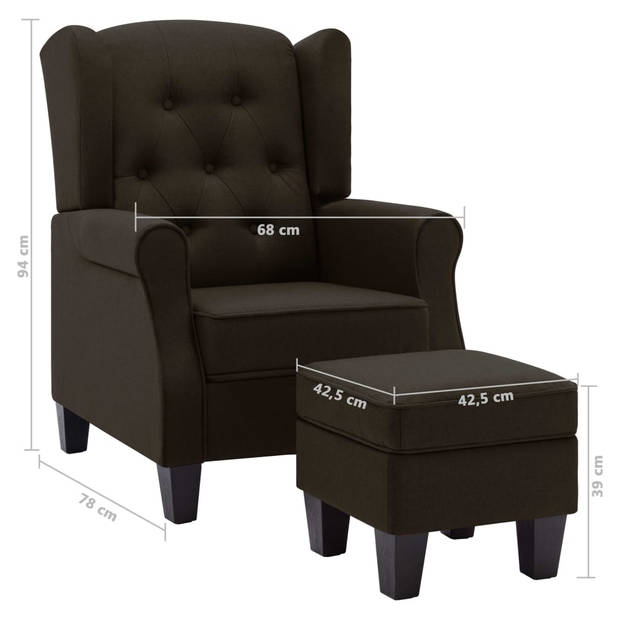 The Living Store Lounge fauteuil - Armstoel + Voetenbank - Donkerbruin stof - 68x78x94cm - Stabiel houten frame