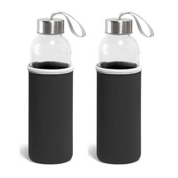 Set van 2x glazen waterflessen/bidons met zwarte soft shell hoes 520 ml - Drinkflessen