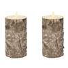 2x Led kaarsen/stompkaarsen bruin berkenhout 15 cm met dansvlam - LED kaarsen
