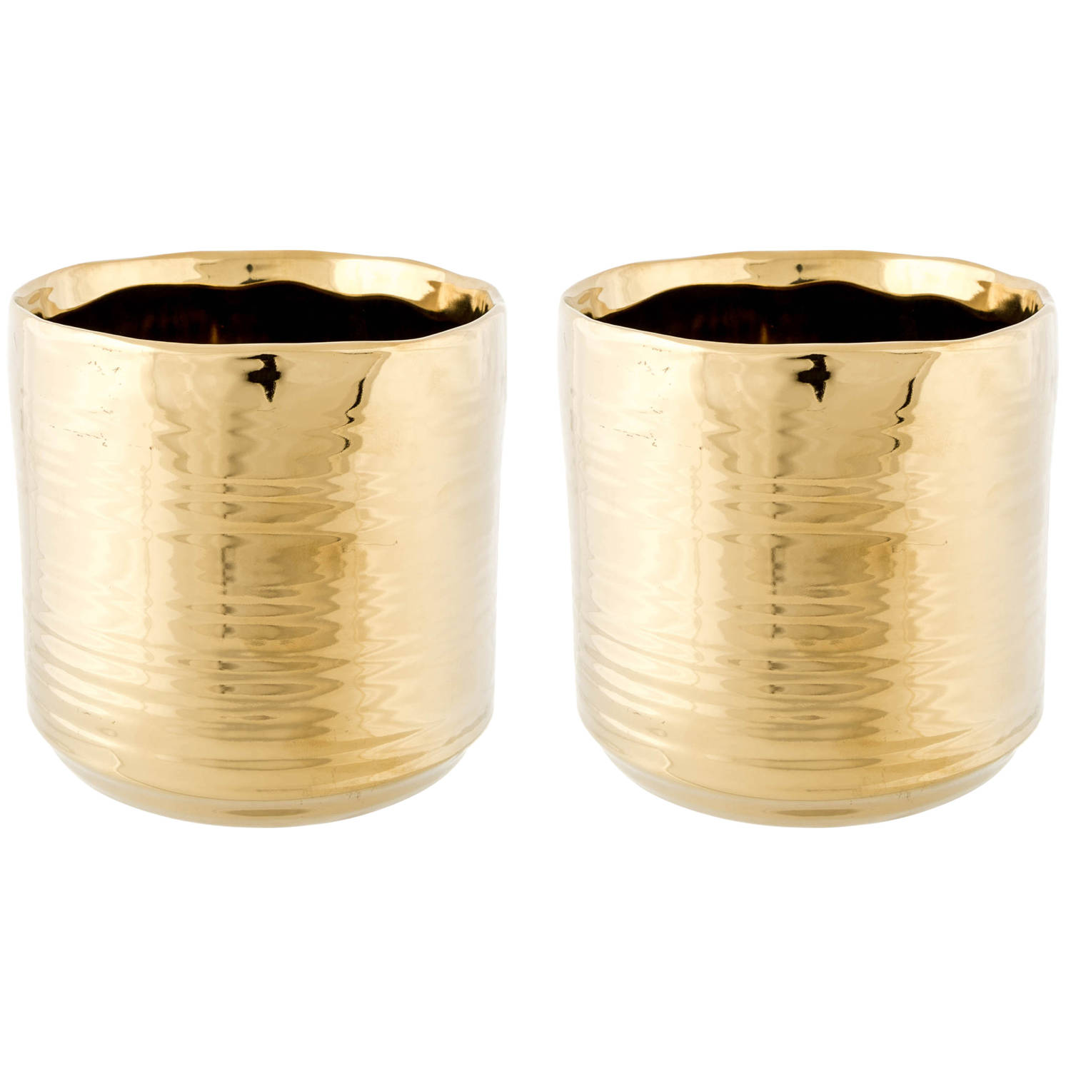 2x Gouden Ronde Plantenpotten-bloempotten Cerchio 11 Cm Keramiek Plantenpot-bloempot Metallic Goud W