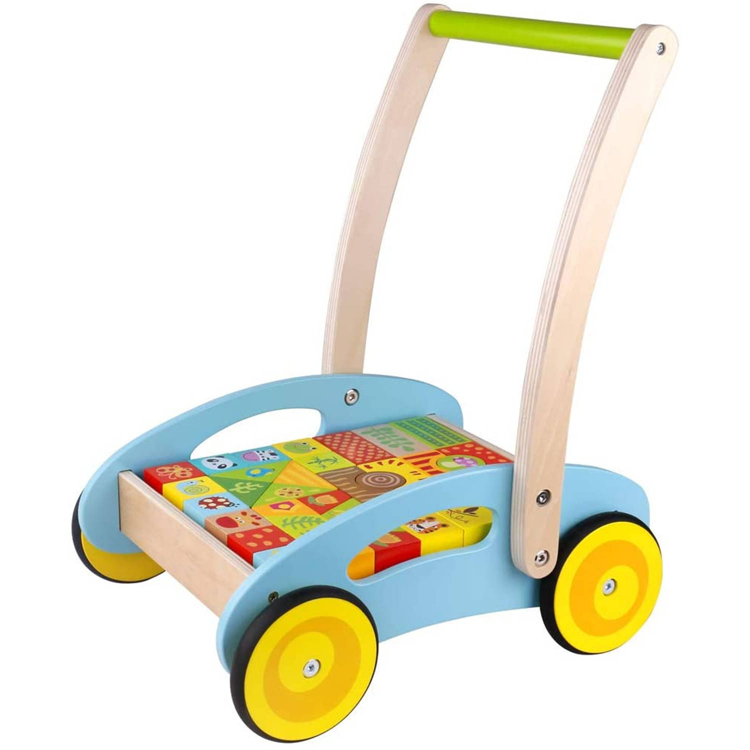 Tooky Toy Loopwagen Junior 40 Cm Hout Blank/blauw 33-delig