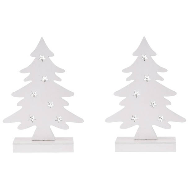 2x stuks kerstdecoratie kerstboom wit hout 28 cm met Led lampjes - Houten kerstbomen